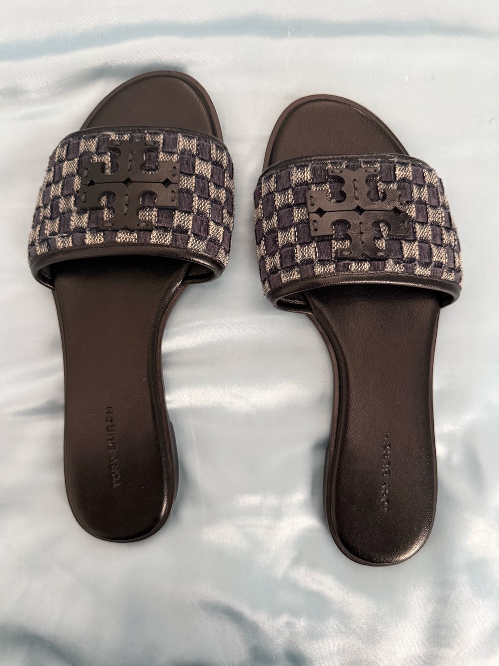 Tory Burch Navy and Cream Check Slide Sandals